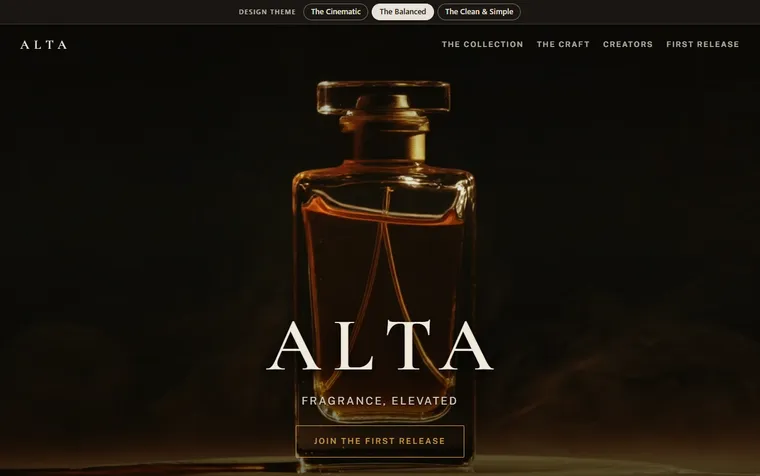 The first screen of the ALTA Parfum example site (The Balanced) on a desktop
