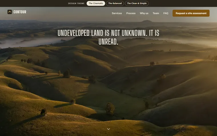 The first screen of the Contour Civil & Survey example site (The Cinematic) on a desktop