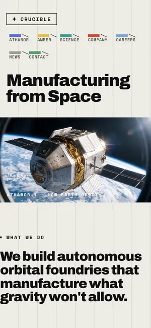 The first screen of the Crucible example site (The Launch) on a phone