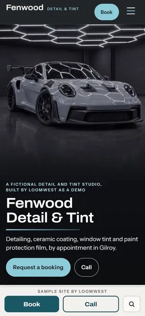 The first screen of the Fenwood Detail & Tint example site (The Detail Studio) on a phone