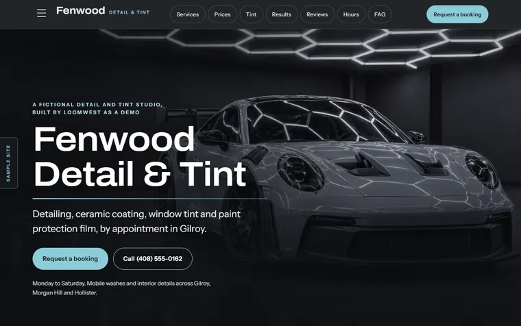 The first screen of the Fenwood Detail & Tint example site (The Detail Studio) on a desktop