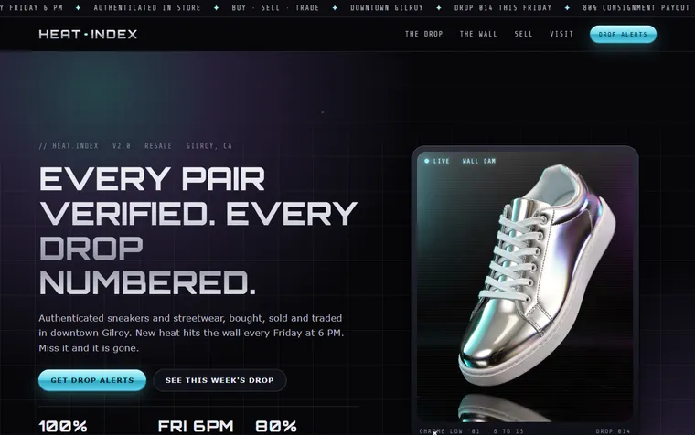 The first screen of the Heat Index example site (The Neo-Retro) on a desktop