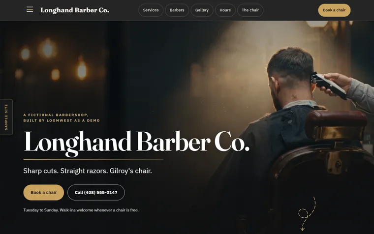 The first screen of the Longhand Barber Co. example site (The Barbershop) on a desktop