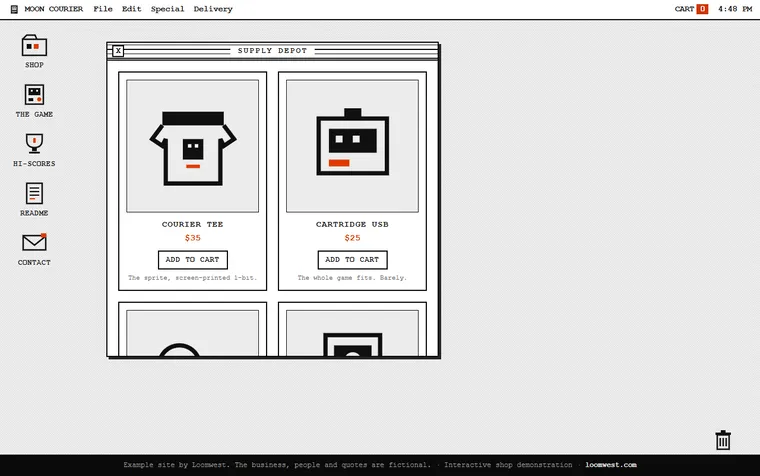The first screen of the Moon Courier example site (The Desktop) on a desktop