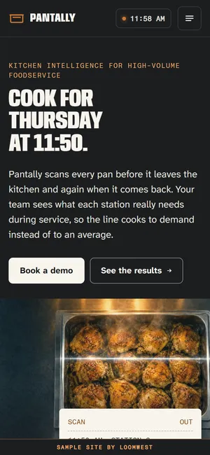 The first screen of the Pantally example site (The Kitchen-Tech Company) on a phone