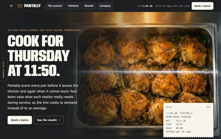 The first screen of the Pantally example site (The Kitchen-Tech Company) on a desktop