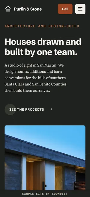 The first screen of the Purlin & Stone example site (The Design-Build Studio) on a phone