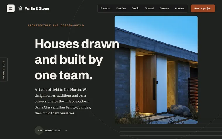 The first screen of the Purlin & Stone example site (The Design-Build Studio) on a desktop