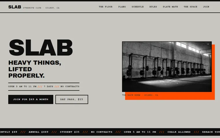 The first screen of the SLAB Strength Club example site (The Brutalist) on a desktop