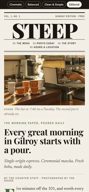 The first screen of the STEEP Tea & Coffee example site (The Editorial) on a phone
