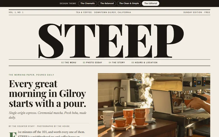 The first screen of the STEEP Tea & Coffee example site (The Editorial) on a desktop