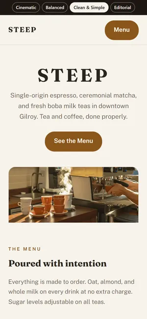 The first screen of the STEEP Tea & Coffee example site (The Clean & Simple) on a phone