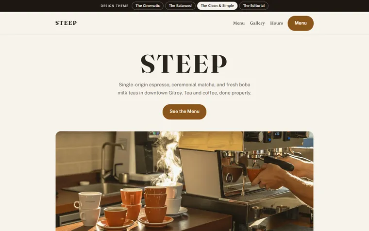 The first screen of the STEEP Tea & Coffee example site (The Clean & Simple) on a desktop