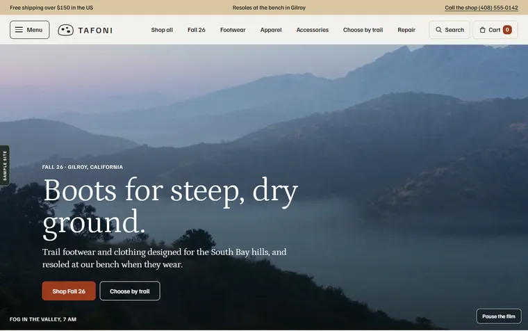 The first screen of the Tafoni example site (The Trail Store) on a desktop