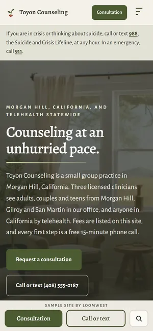 The first screen of the Toyon Counseling example site (The Counseling Practice) on a phone