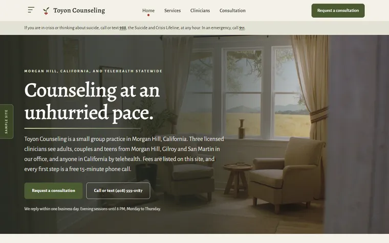The first screen of the Toyon Counseling example site (The Counseling Practice) on a desktop