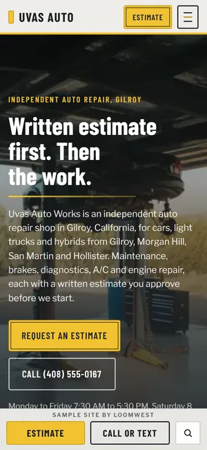 The first screen of the Uvas Auto Works example site (The Auto Shop) on a phone