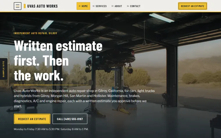 The first screen of the Uvas Auto Works example site (The Auto Shop) on a desktop