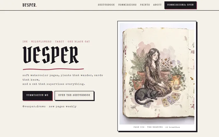 The first screen of the Vesper example site (The Sketchbook) on a desktop