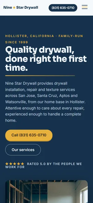The first screen of ninestardrywall.com on a phone