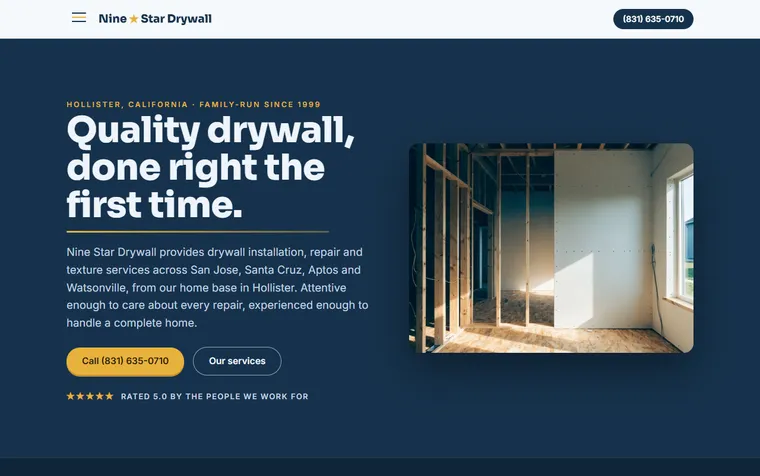 The first screen of ninestardrywall.com on a desktop
