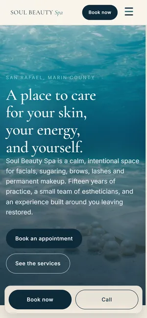 The first screen of soulbeautyspa.com on a phone