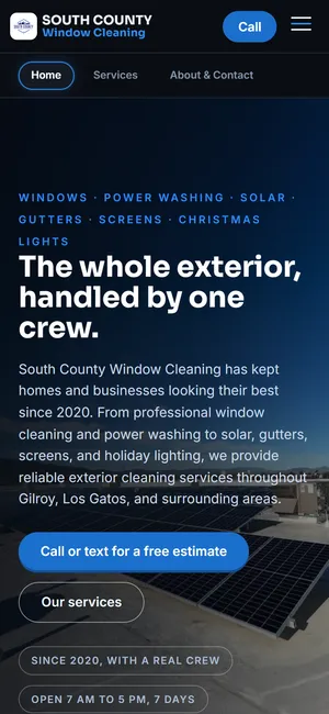 The first screen of southcountywindowcleaning.com on a phone