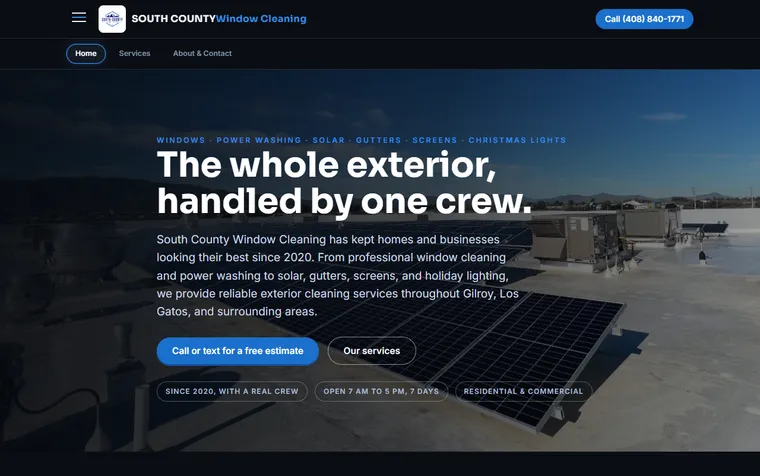 The first screen of southcountywindowcleaning.com on a desktop